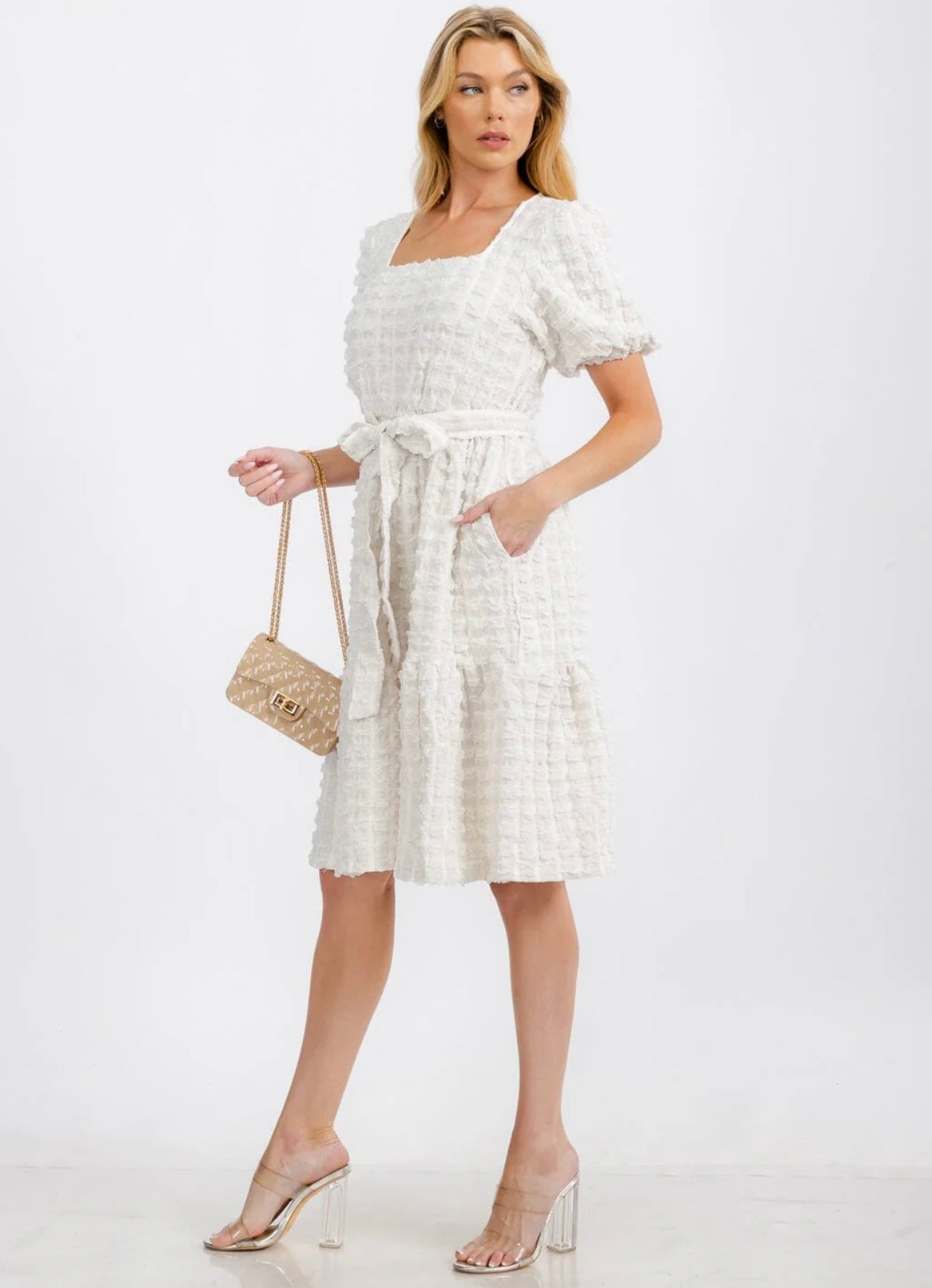 “Esmeralda” Short Puff Sleeve Squate Nneck Midi Dress