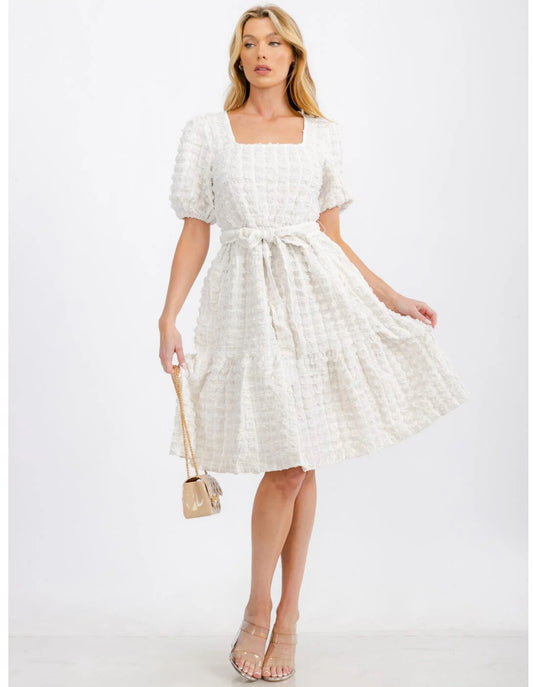 “Esmeralda”  Short Puff Sleeve Squate Nneck Midi Dress